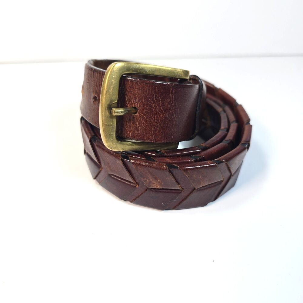 Vintage Genuine Leather Belt Size 40 Solid Brass Buckle Brown Hand Laced